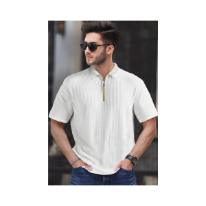 Men Striped Polo Neck Cotton Blend T-Shirt